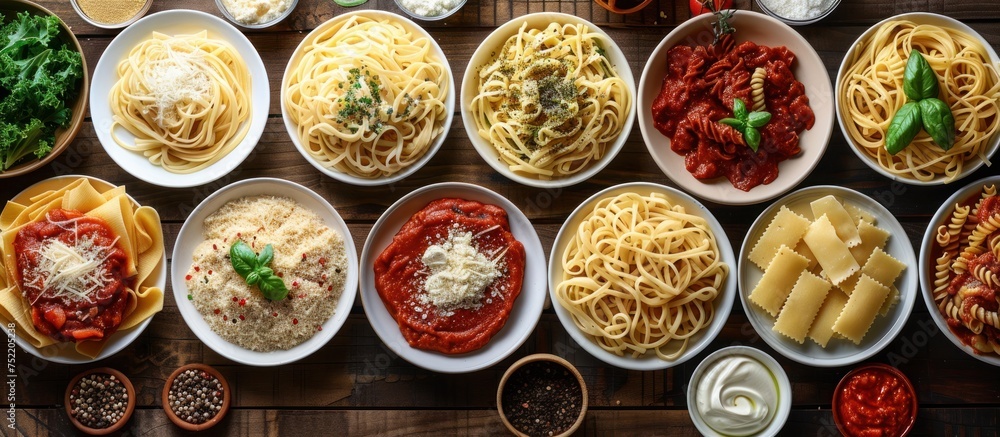 A table displaying a diverse collection of different types of pasta, including spaghetti, penne, fusilli, farfalle, and more. A table displaying a diverse collection of different types of pasta, including spaghetti, penne, fusilli, farfalle, and more.