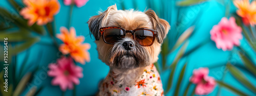 Funny dog wearing sunglasses on blue background with flowers. Cute and happy domestic pet. Summer and spring vacation and holiday concept. Animat for card, banner, advertising  © ratatosk
