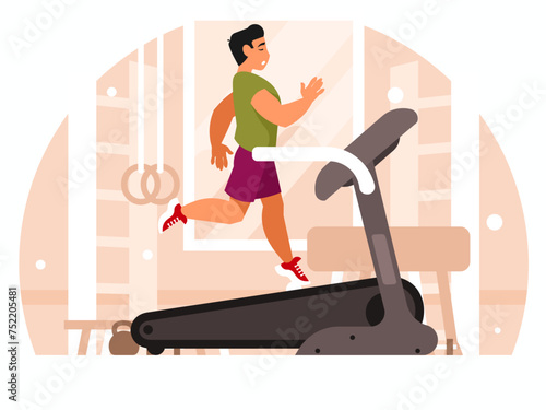 Man running on a treadmill. Guy training on a cardio machine. A gym with a wall bars, a pommel horse, a bench, a weights and dumbbells. Vector graphics