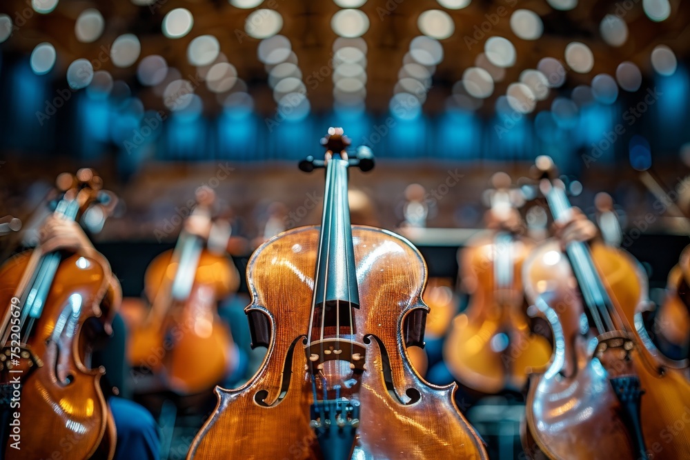 Fototapeta premium A close-up of violins set against a beautifully out-of-focus orchestra background, ready for a concert