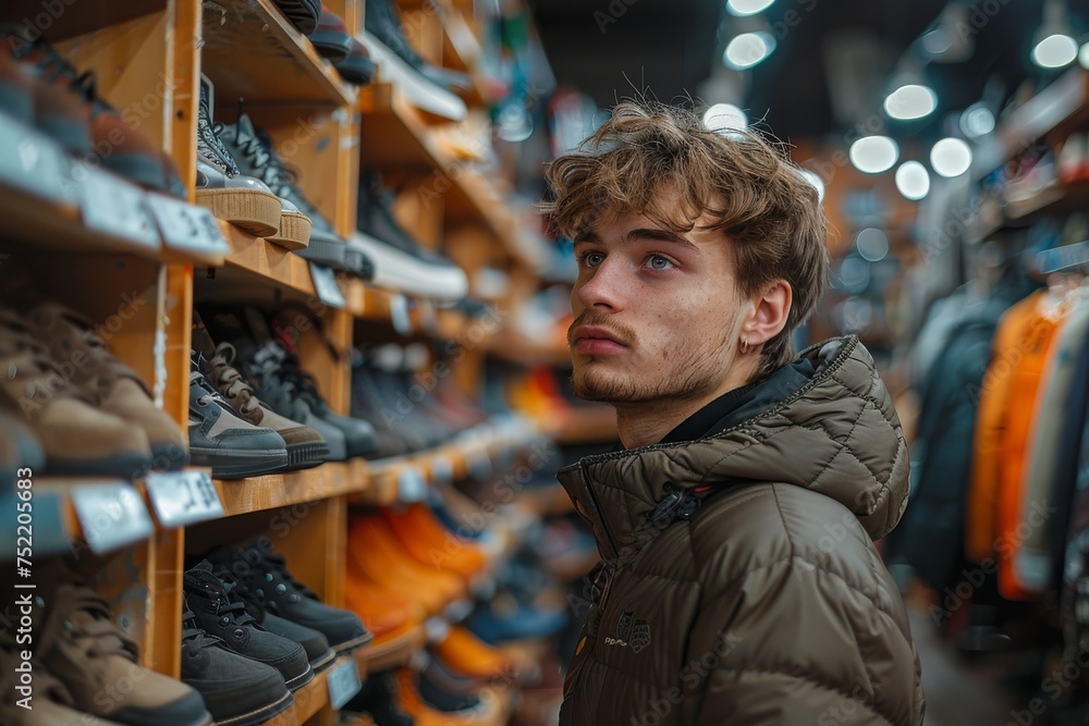 A young customer examines various shoe options on shelves in a retail shop, contemplating a purchase A young customer examines various shoe options on shelves in a retail shop, contemplating a purchase