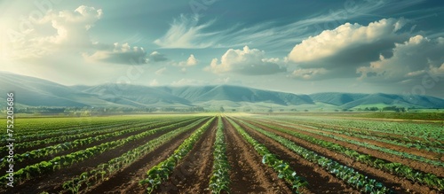 A large field of crops with rows stretching towards the mountains in the background.