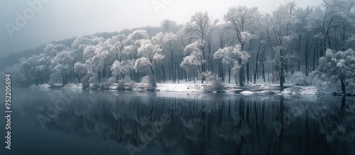 A body of water, River Salaca ne, surrounded by trees covered in snow. photo