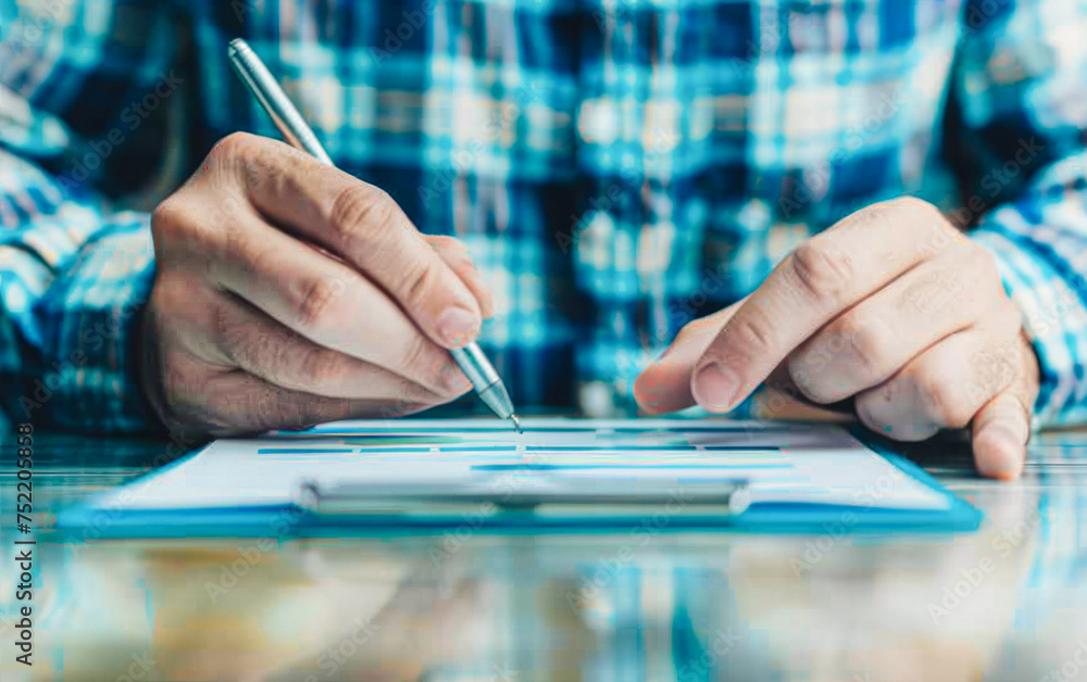 Naklejka premium Businessman in home office completes online survey on a tablet, under cool/warm lighting, illustrating performance monitoring with a cloud interface.