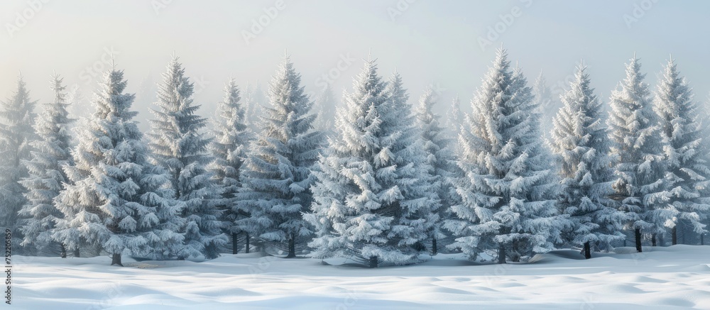 A snow-covered field with majestic pine trees in the background, creating a winter scene.