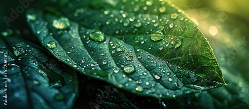 Close-up view of a vibrant green leaf with small water droplets glistening on its surface.