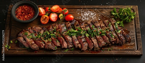 A succulent steak is placed on a modern wooden cutting board, accompanied by fresh tomatoes and fragrant herbs.