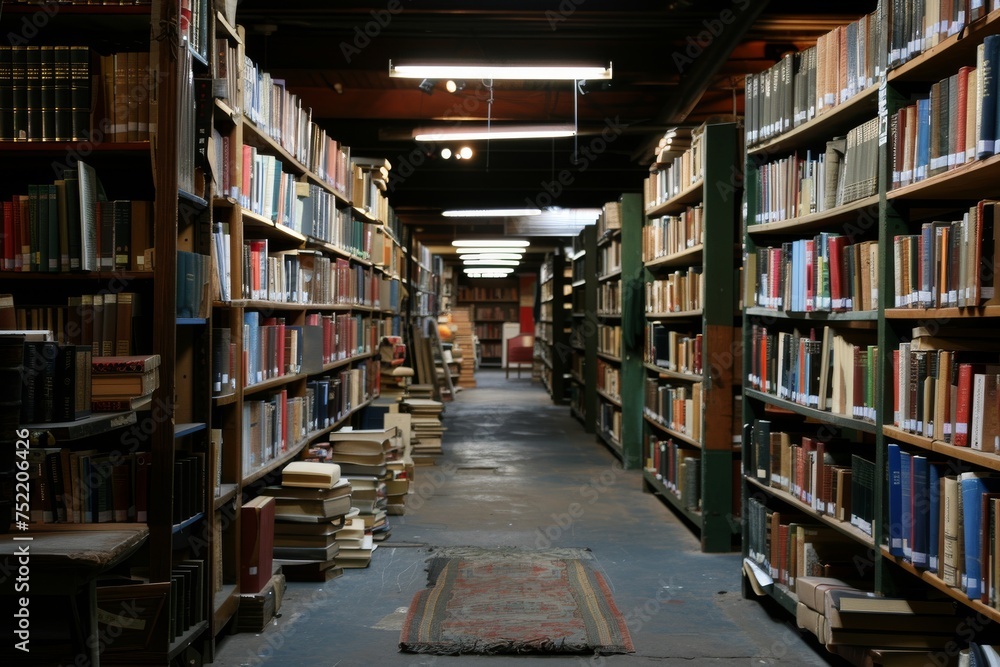 An old library aisle bathed in soft light, showcasing rows of various books and a vintage carpet on the floor An old library aisle bathed in soft light, showcasing rows of various books and a vintage carpet on the floor