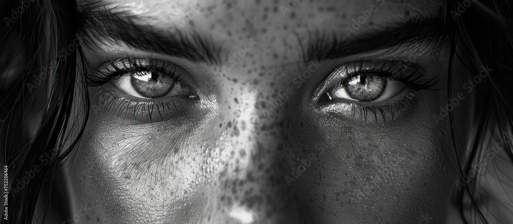 A close-up of a persons face with freckles in their hair. - obrazy, fototapety, plakaty 