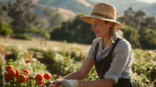 Female farmer worker picking fresh tomatoes
