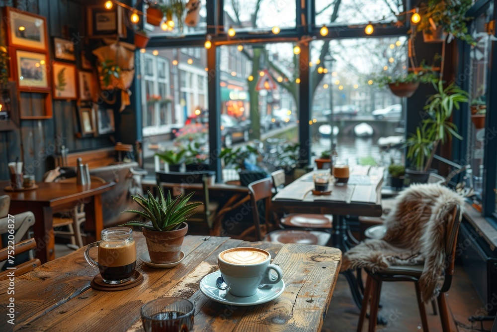 Inviting coffee spot by the window with a view, warm ambiance, and a cozy chair to enjoy the coffee Inviting coffee spot by the window with a view, warm ambiance, and a cozy chair to enjoy the coffee