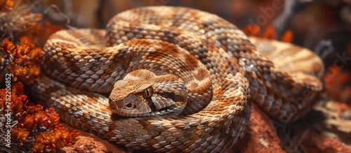 A close-up of a neotropical rattlesnake coiled on a rock in its natural habitat. photo