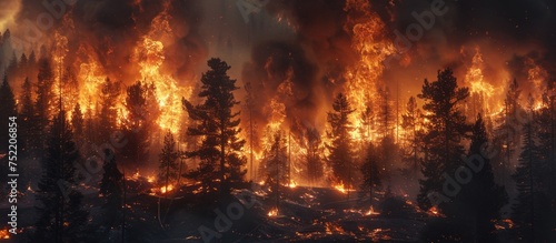 A forest filled with numerous trees engulfed in a raging fire  creating a scene of destruction and danger.