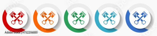 Pistons vector icon set, flat icons for logo design, webdesign and mobile applications, colorful round buttons