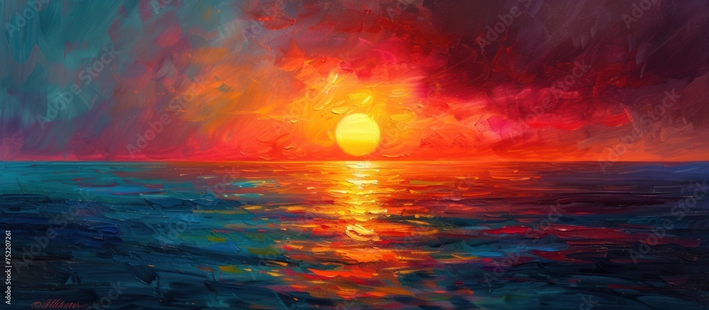A painting showcasing a vivid sunset over the expansive ocean, with warm tones reflecting on the water, depicting the sun dipping below the horizon.