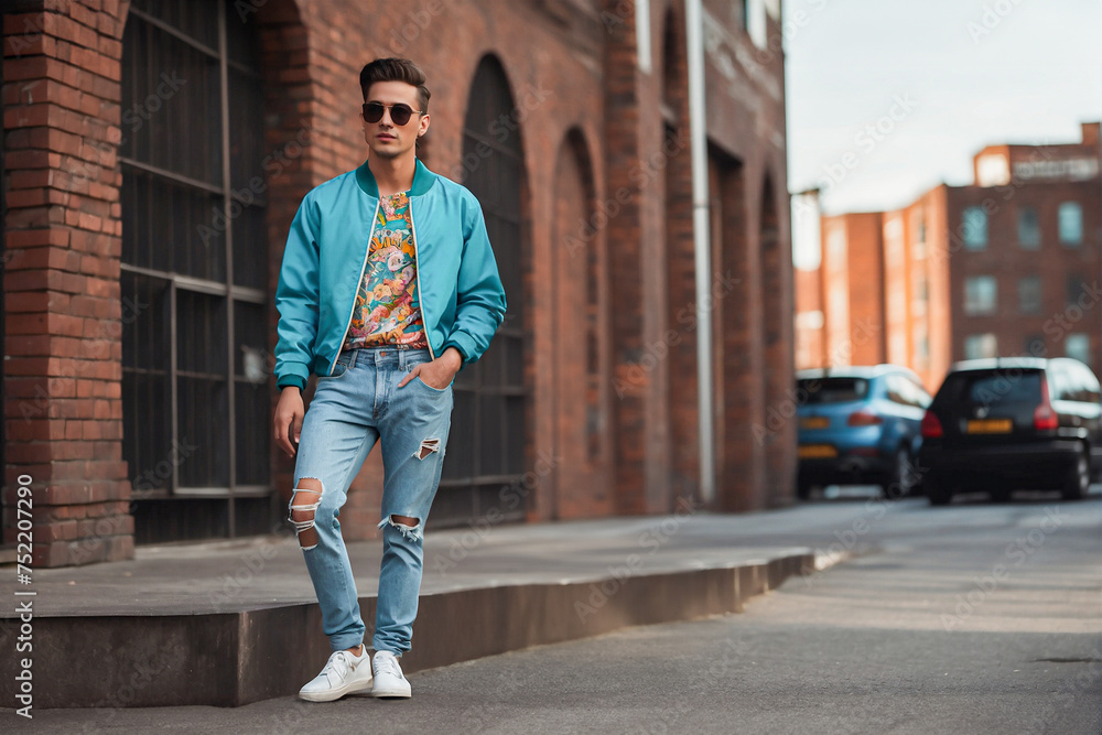 Stylish young man wearing torn jeans and retro sunglasses, posing on city street. 90s fashion style and lifestyle