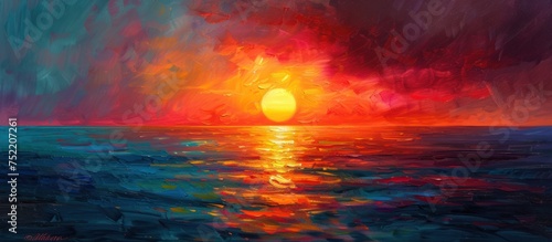 A painting showcasing a vivid sunset over the expansive ocean, with warm tones reflecting on the water, depicting the sun dipping below the horizon.