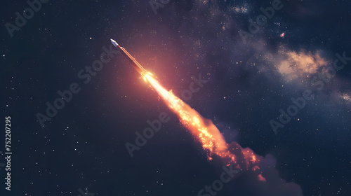 rocket in space, A powerful rocket launches into the night sky, leaving a fiery trail behind, rocket launch, generative ai