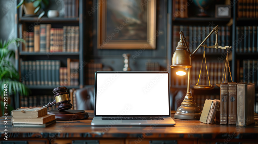 Mockup of a laptop with a white screen in the workplace of a judge or lawyer at the table. Law, legal services, consultations, justice. Mockup of a laptop with a white screen in the workplace of a judge or lawyer at the table. Law, legal services, consultations, justice.