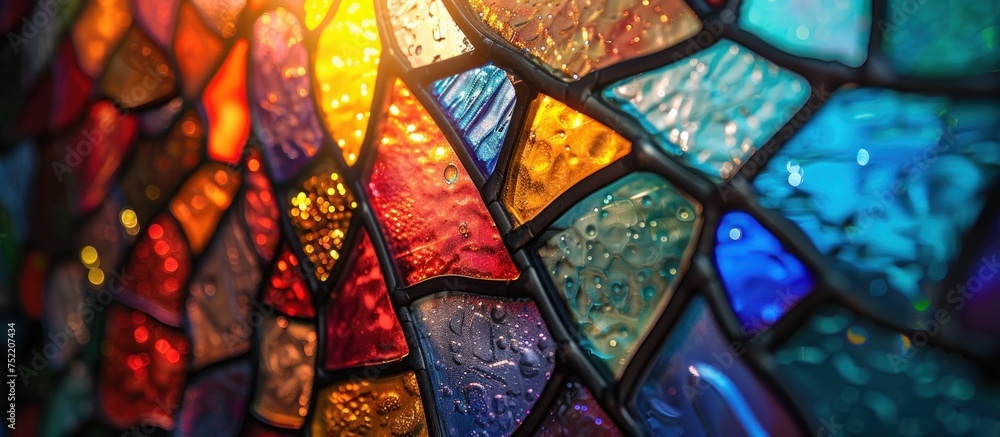 Detailed close-up of a vibrant stained glass window featuring intricate designs and colorful patterns. Detailed close-up of a vibrant stained glass window featuring intricate designs and colorful patterns.