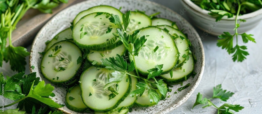 Neatly sliced cucumbers arranged in a bowl with parsley on the side. Neatly sliced cucumbers arranged in a bowl with parsley on the side.