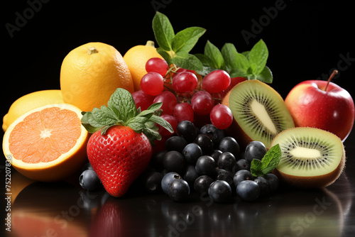 Assortment of fresh fruits with vibrant colors, featuring oranges, kiwis, strawberries, and grapes on a dark background