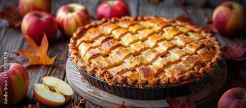 A delicious apple pie, freshly baked and still warm, sits on a rustic wooden table. The pie is golden brown with a flaky crust and steam rising from its center. photo
