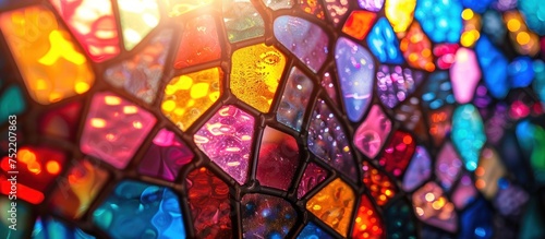 A detailed close up of a vibrant stained glass window showing intricate patterns and colors illuminated by natural light.