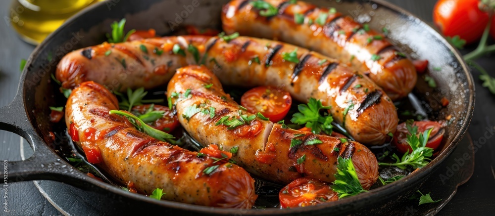 A skillet with sausages sizzling next to fresh tomatoes. A skillet with sausages sizzling next to fresh tomatoes.
