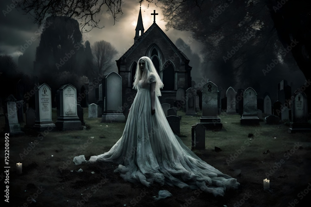 A spectral, phantom-like figure in a tattered wedding gown, drifting among the headstones in an old, candlelit churchyard.