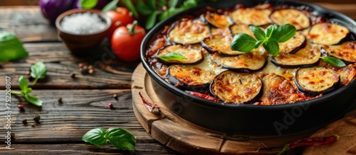 A casserole dish filled with traditional Greek moussaka is displayed on a wooden table, showcasing a delicious homemade meal.