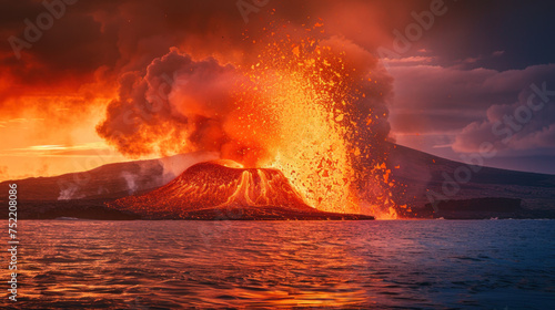 Volcano eruption in the sea, new island formation, sunset light