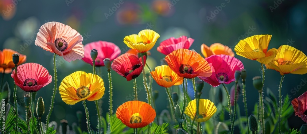 Obraz premium A bunch of colorful wild poppy flowers bloom and thrive in the lush green grass of a field.