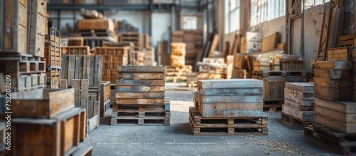 A warehouse packed with numerous wooden boxes and parcels stacked closely together.