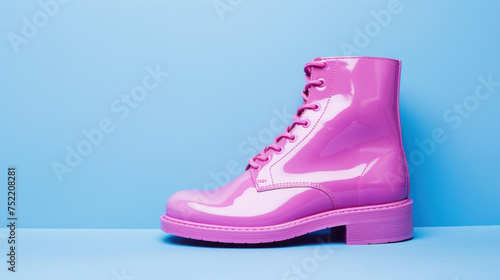 High pink leather boot on light blue background