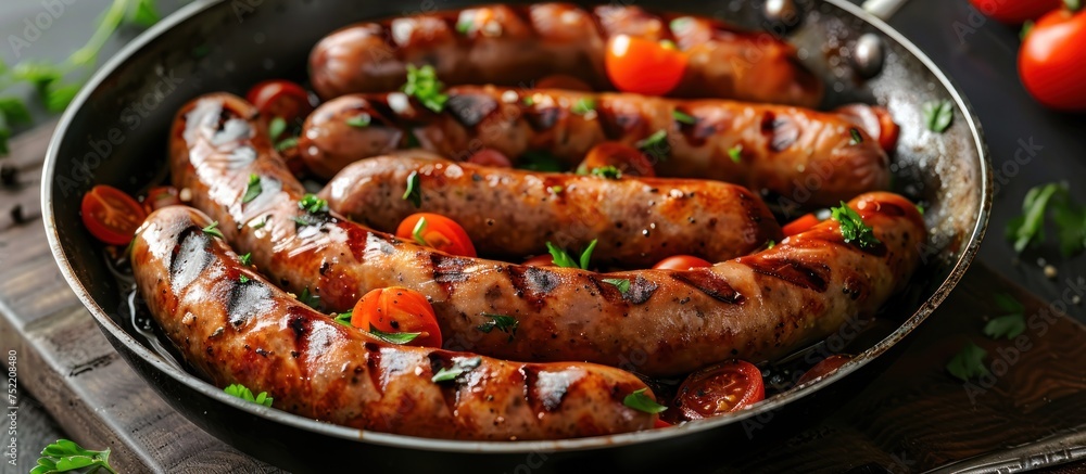 A pan filled with sizzling sausages and fresh tomatoes cooking on a stove. A pan filled with sizzling sausages and fresh tomatoes cooking on a stove.
