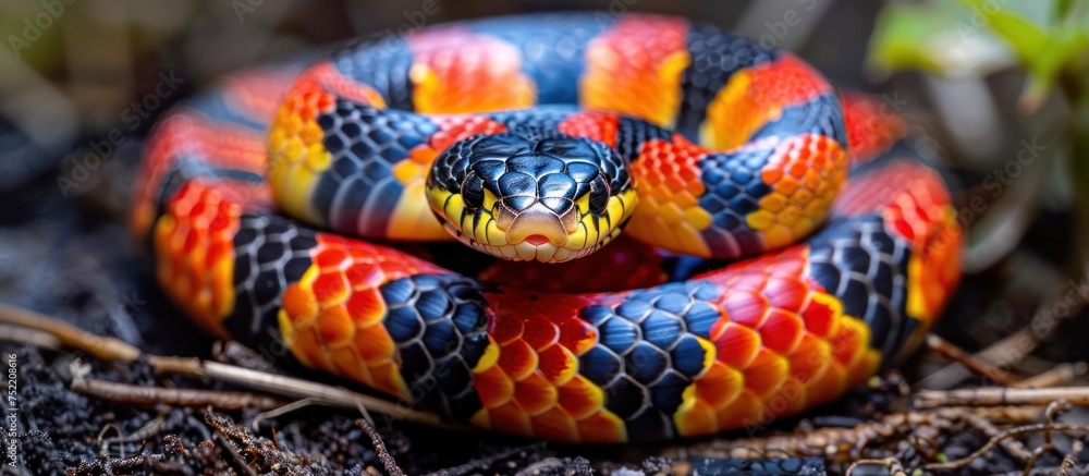 A detailed view of an Eastern Coral Snake slithering on the ground, showcasing its vibrant colors and unique patterns. A detailed view of an Eastern Coral Snake slithering on the ground, showcasing its vibrant colors and unique patterns.