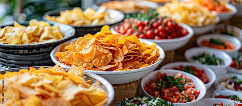 Many bowls filled with various types of chips displayed on a table.