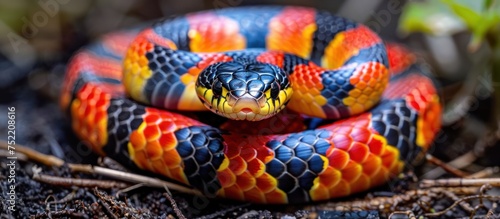 A detailed view of an Eastern Coral Snake slithering on the ground, showcasing its vibrant colors and unique patterns. photo