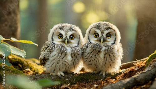 Baby owls in the forest