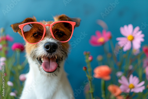 Funny dog wearing sunglasses on blue background with flowers. Cute and happy domestic pet. Summer and spring vacation and holiday concept. Animat for card, banner, advertising  © ratatosk