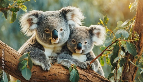 Koala bear with baby on a tree