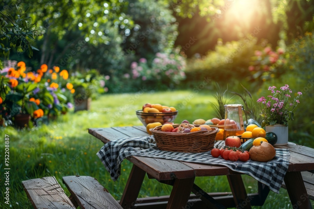 Picnic table with fresh fruits, bread, and a jar of milk in a lush ...