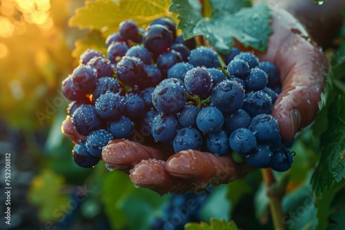 Hand holding a cluster of ripe grapes with water droplets, in a vineyard at sunrise. Viticulture and winemaking concept. Design for agricultural content, wine production guide