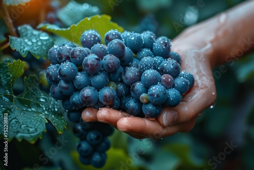 hand cradling a bunch of fresh dew-covered grapes in a vineyard. Agriculture and harvest concept. Design for wine industry marketing, fresh produce promotion, and vineyard tours
