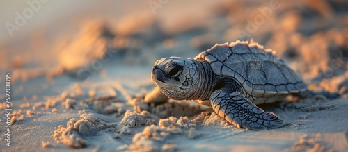 A baby Kemps Ridley sea turtle is crawling on a sandy beach towards the ocean. The tiny turtle is making its way across the sand with small, determined movements.
