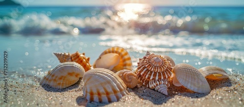 A cluster of seashells arranged on the sandy shores of the beach.