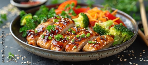 A bowl filled with savory teriyaki chicken  vegetables  and rice with chopsticks placed next to it.