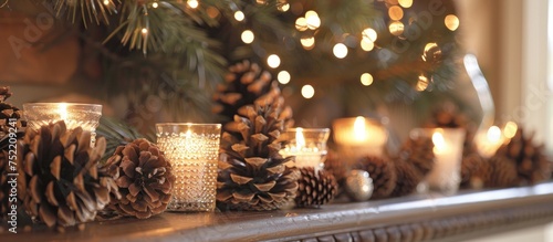 A mantle beautifully decorated with flickering candles and pine cones  creating a warm and festive atmosphere.