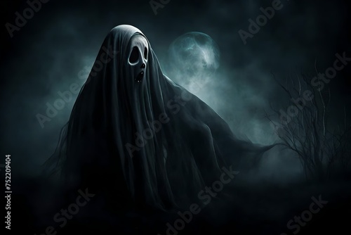 "Scary ghost haunting a dark background, emanating an eerie glow. Halloween-themed image with a chilling atmosphere.